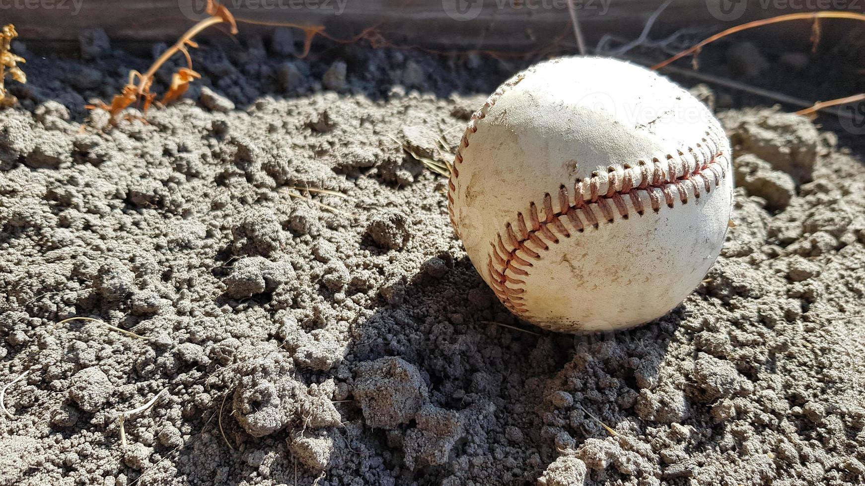 Closeup White leather textured baseball ball with red seams. Ball Outside Stadium Home Run Concept photo