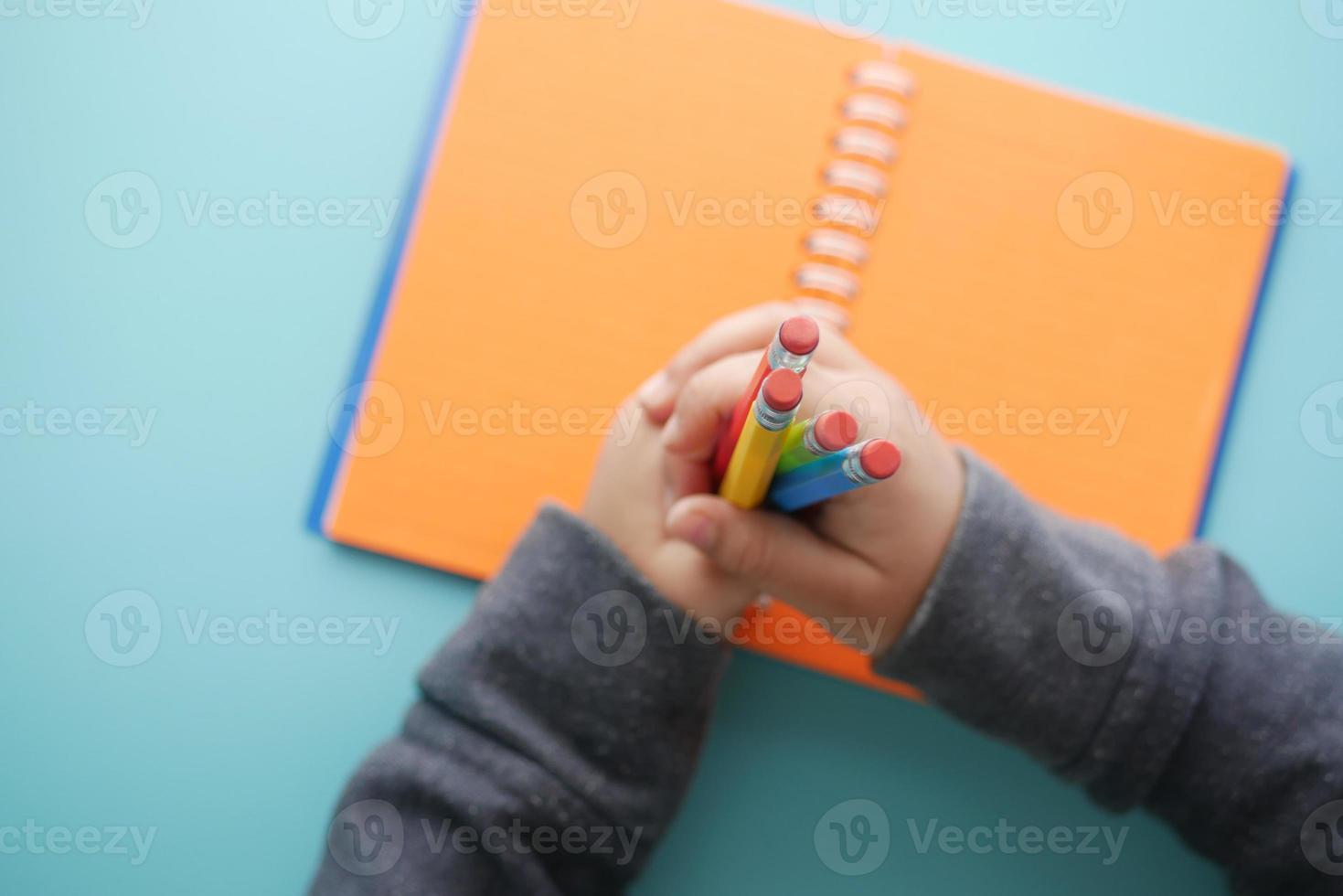 child girl holding many color pencils photo