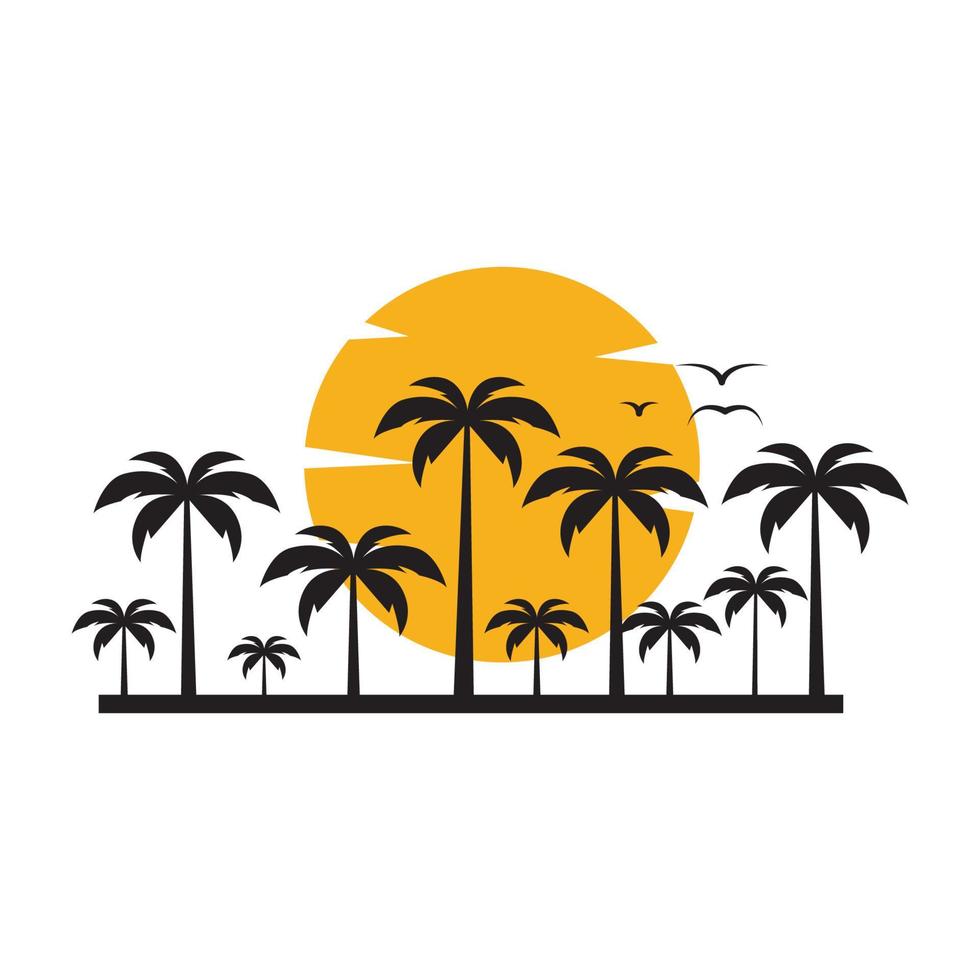 Silueta de cocoteros con el símbolo del logotipo de la puesta del sol icono vectorial ilustración diseño gráfico vector