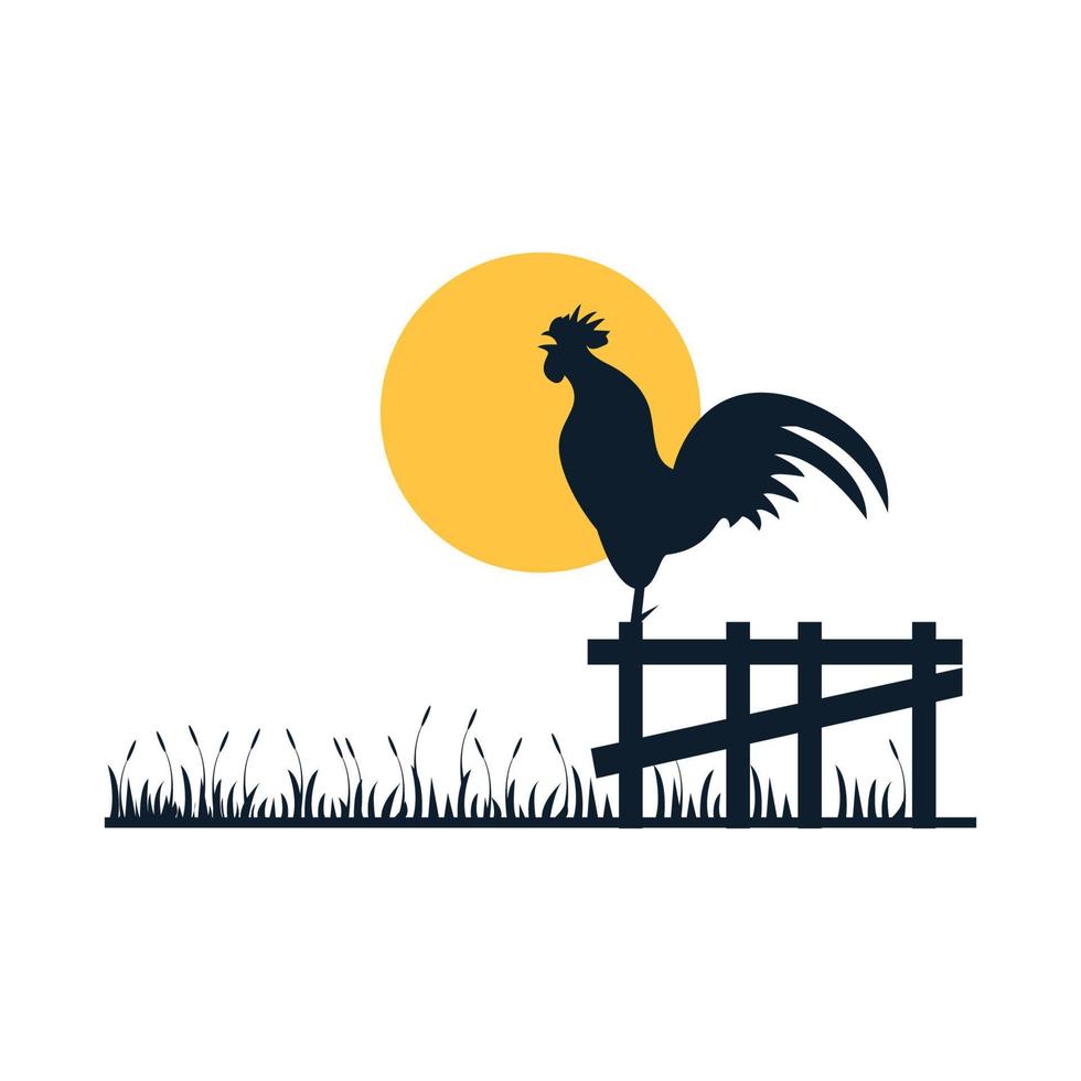 gallo con diseño de ilustración de vector de logotipo de silueta de puesta de sol