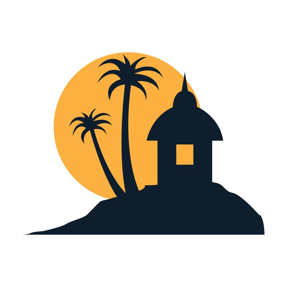 seaside with coconut trees and home logo vector icon illustration design