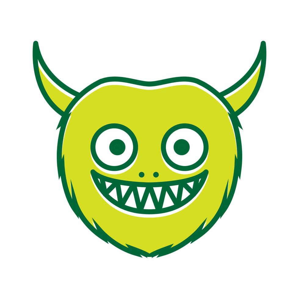 Lindo monstruo de dibujos animados feliz sonrisa cabeza con cuerno verde logo vector icono ilustración diseño