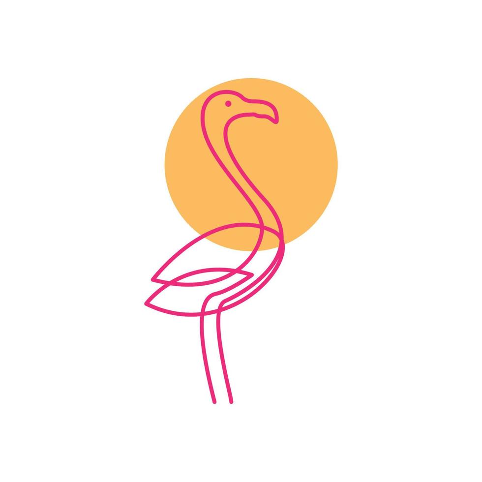 arte de línea de flamenco de pájaro animal con ilustración de símbolo de icono de vector de diseño de logotipo de puesta de sol