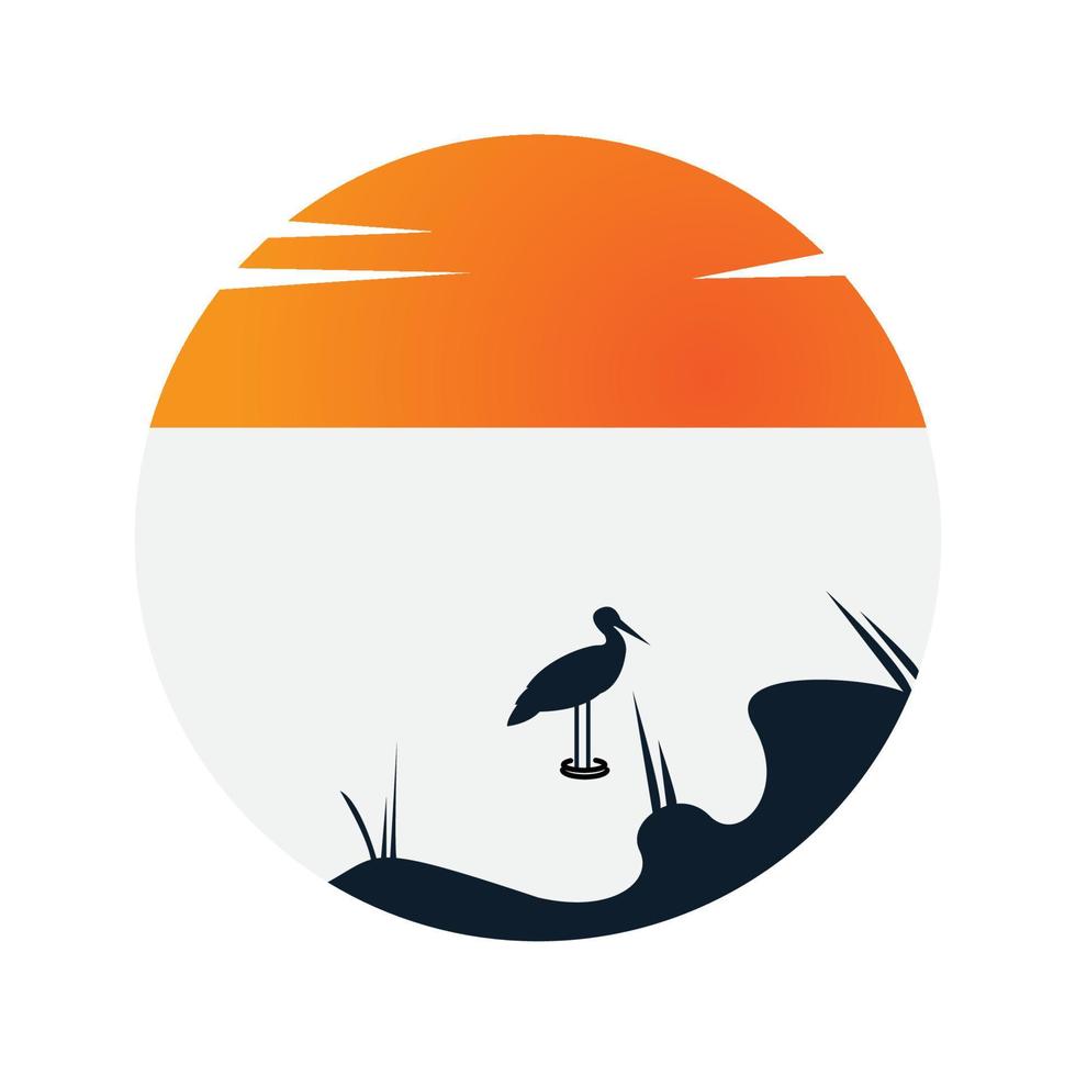 diseño de logotipo de pájaro animal flamenco y puesta de sol vector