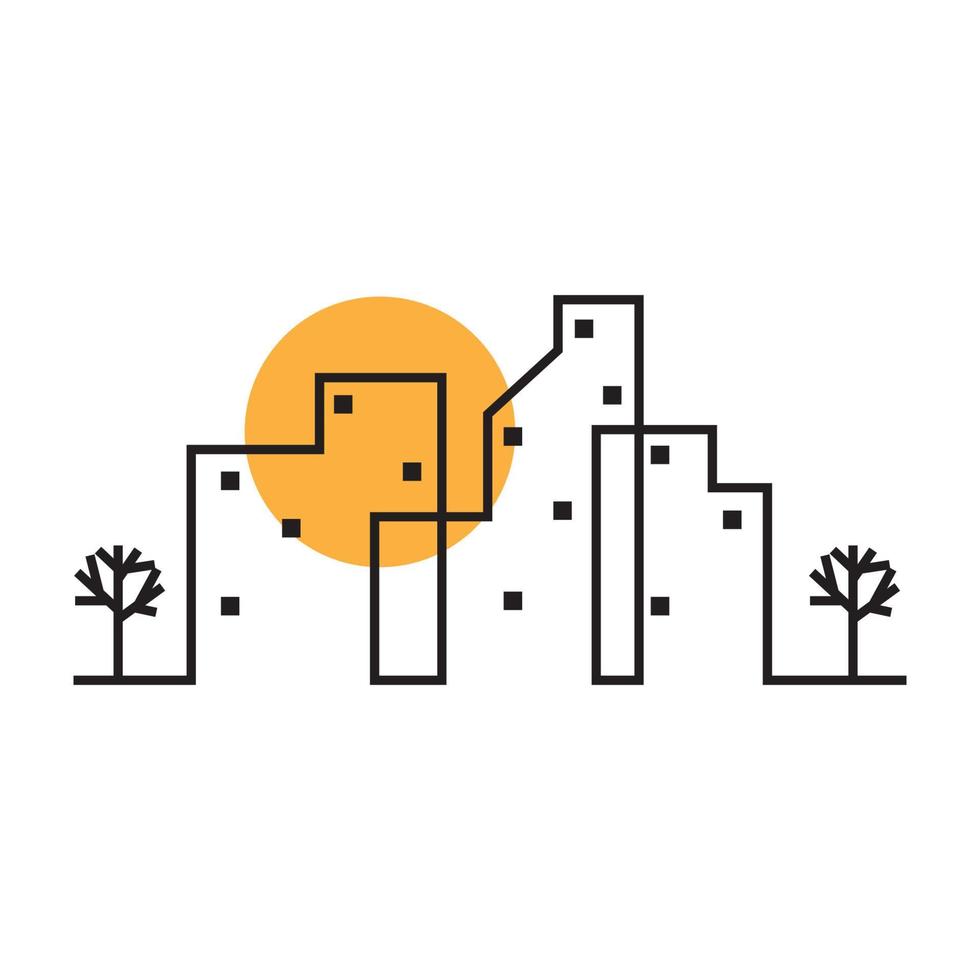 líneas hipster ciudad edificio con árboles logo vector icono ilustración diseño