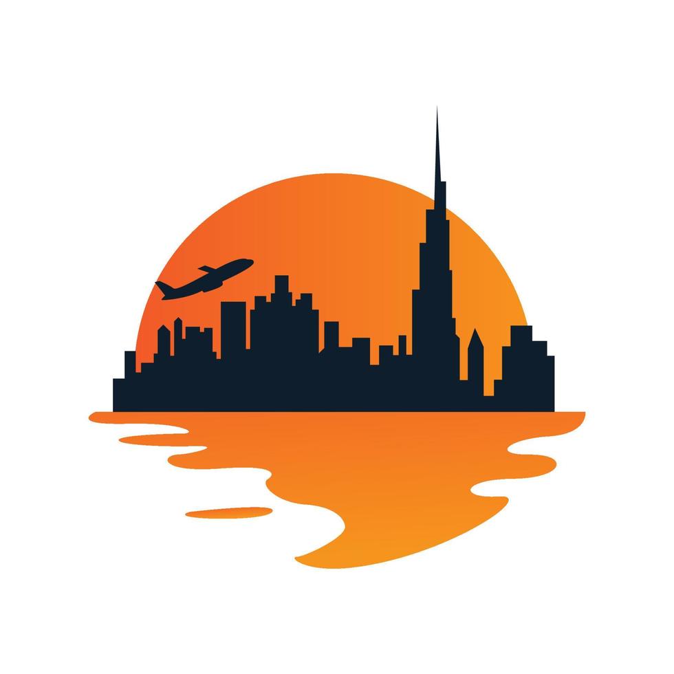 city building with sea sunset modern silhouette  logo vector icon illustration