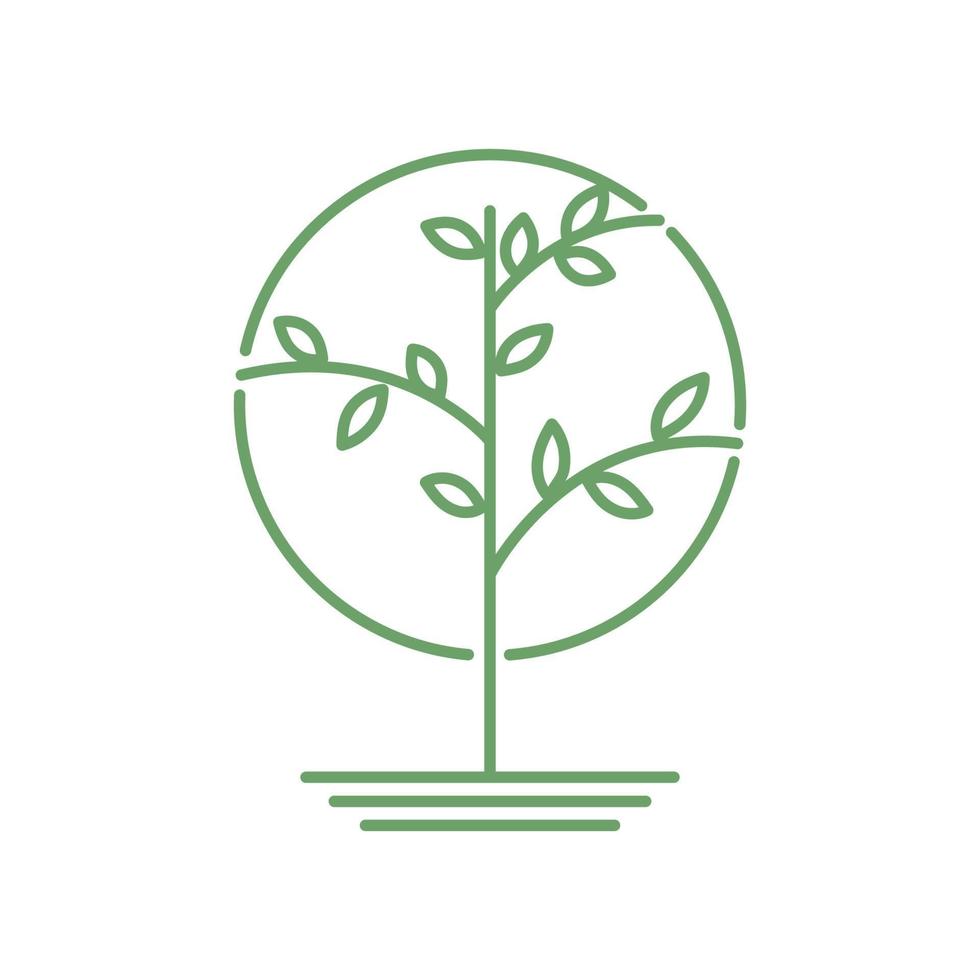 mundo o círculo con diseño de ilustración de vector de logotipo minimalista de línea de planta de hoja