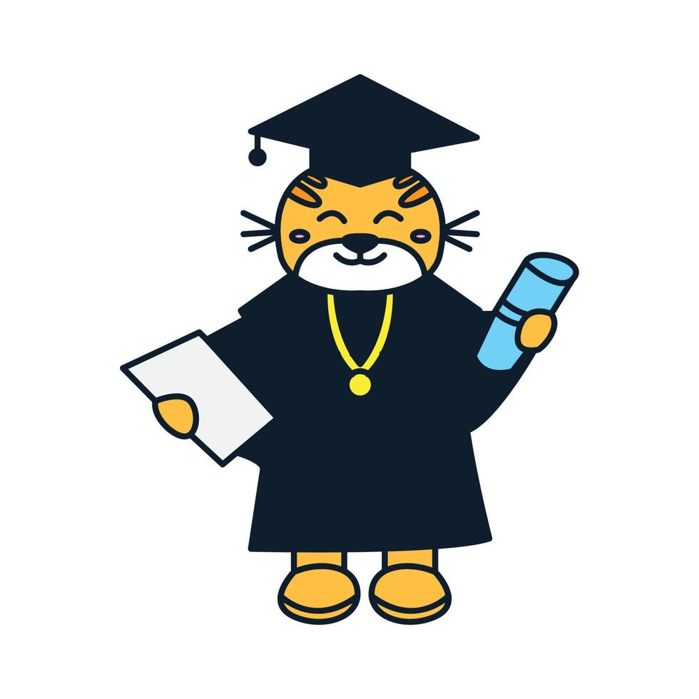 ilustración de vector de logotipo de dibujos animados lindo de graduación de gato o gatito o gatito o mascota