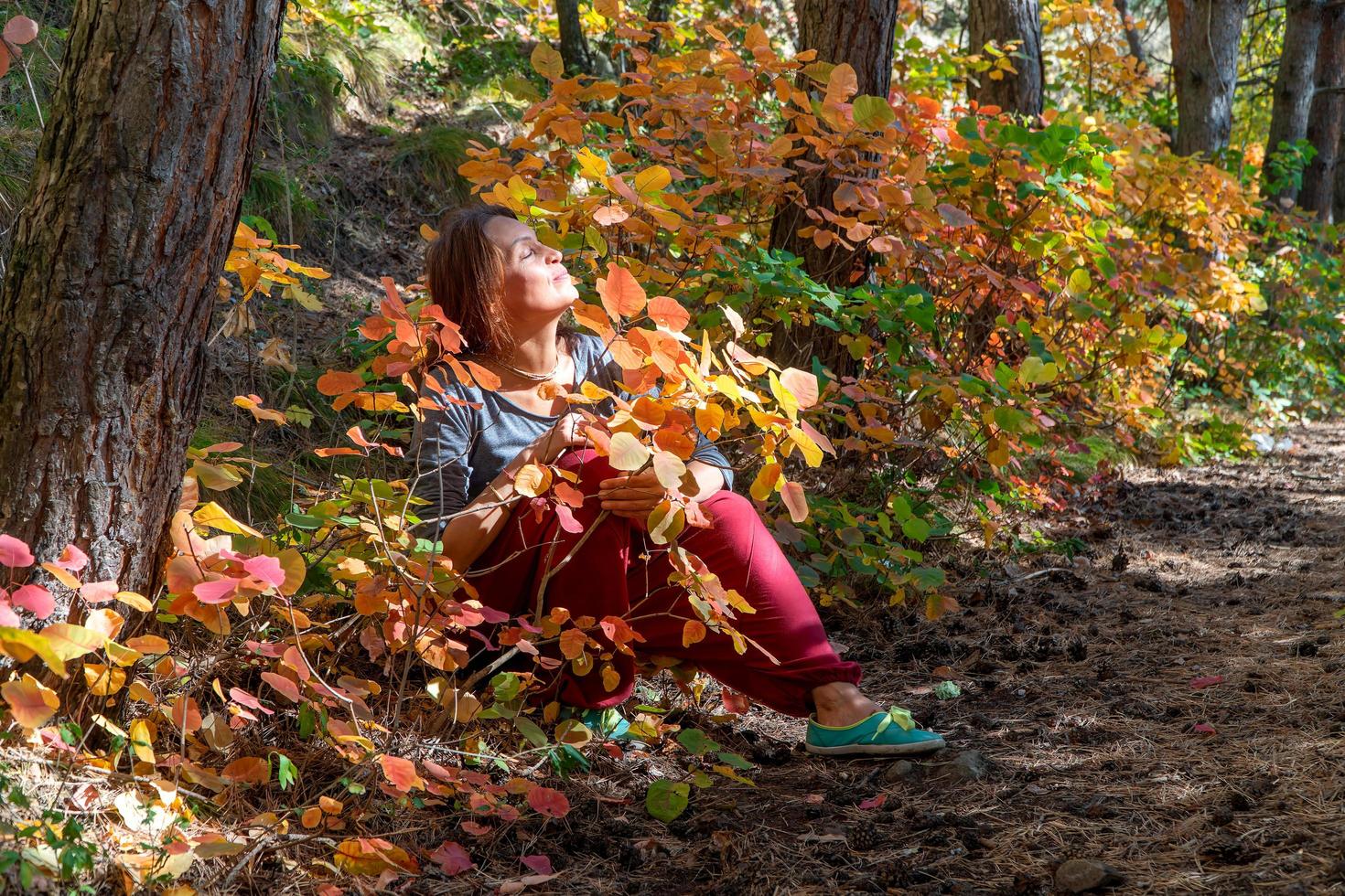 mujer sonriente con pantalones indios rojos sentados en el bosque bajo los árboles en el camino con follaje otoñal. retrato de una mujer feliz foto