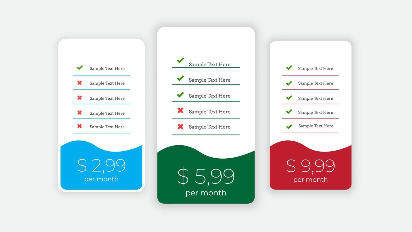 Price comparison table for three products services with descriptions vector