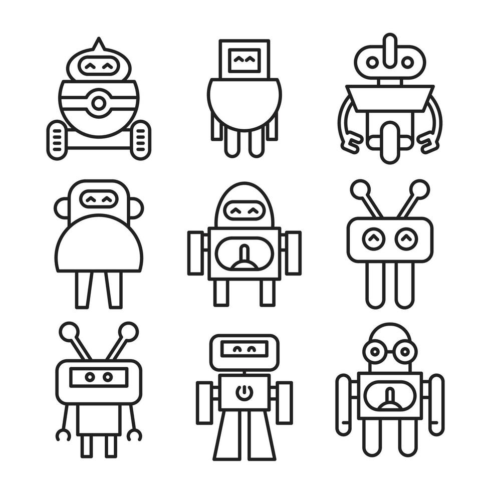 lindo, robot, iconos, conjunto vector