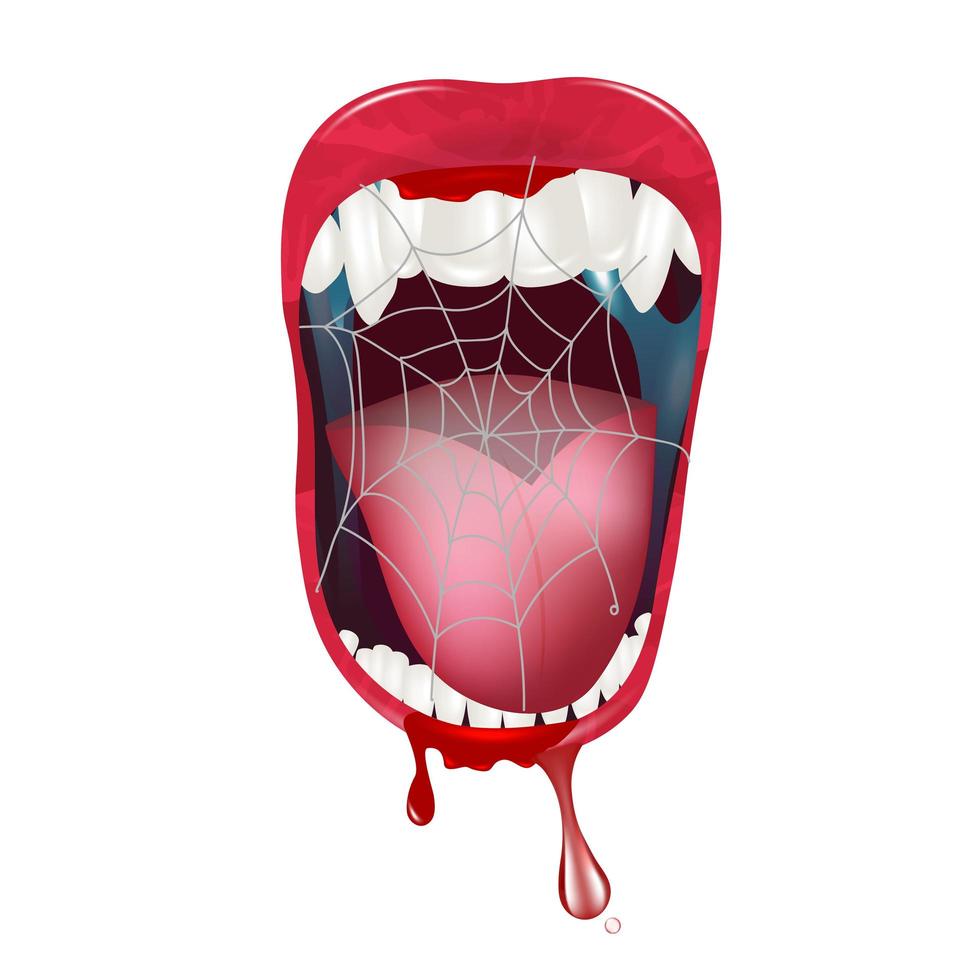 Stylish vampire teeth with an open mouth, cobwebs and streaks of blood with saliva. Fashionable layout background design. Vector illustration.