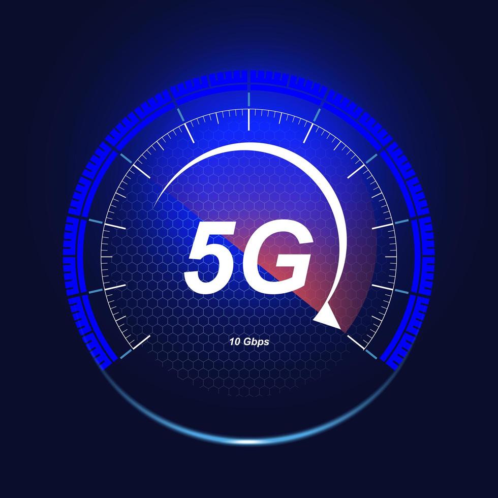 5G wireless network technology. The concept of a digital speed meter with a 5G badge. High-speed Internet. Neon speedometer in futuristic style, isolated on a dark background. vector
