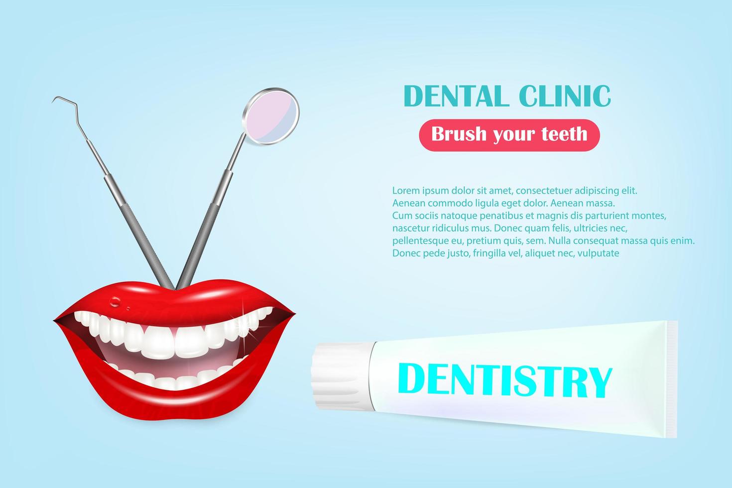 Dental Banner with isolated icons. Vector illustration, Dentistry, Orthodontics. Healthy clean teeth. Dental instruments and equipment. Illustration for your projects