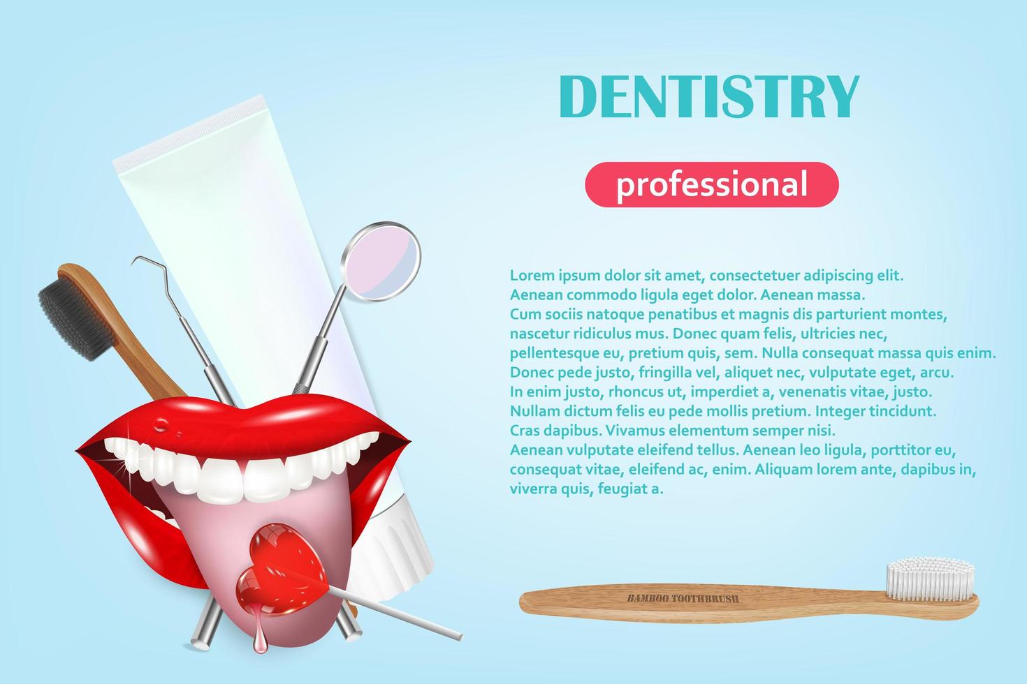 Dental Banner with isolated icons. Vector illustration, Dentistry, Orthodontics. Healthy clean teeth. Dental instruments and equipment. Illustration for your projects