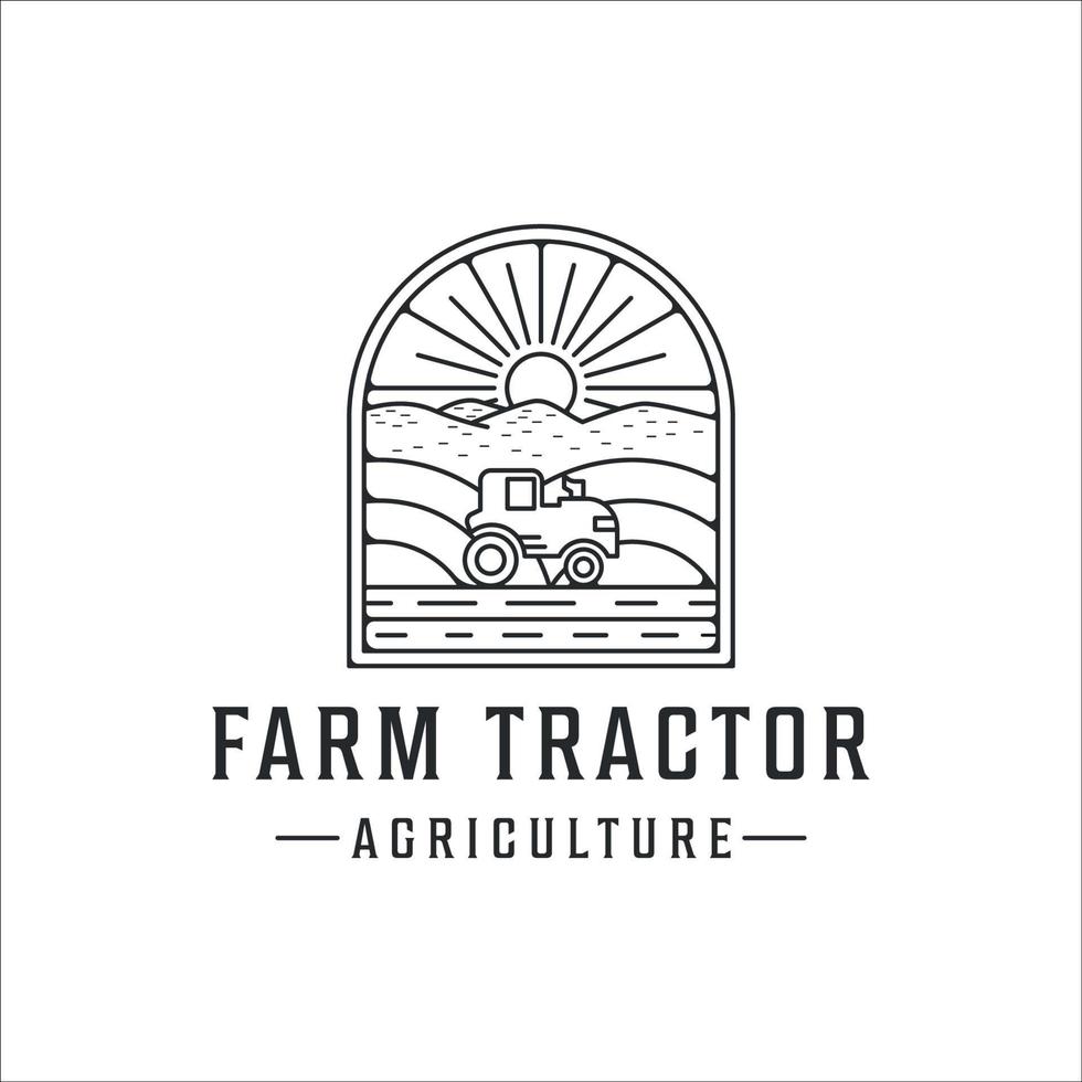farm tractor logo line art vintage vector illustration template icon graphic design. agriculture landscape view with badge retro
