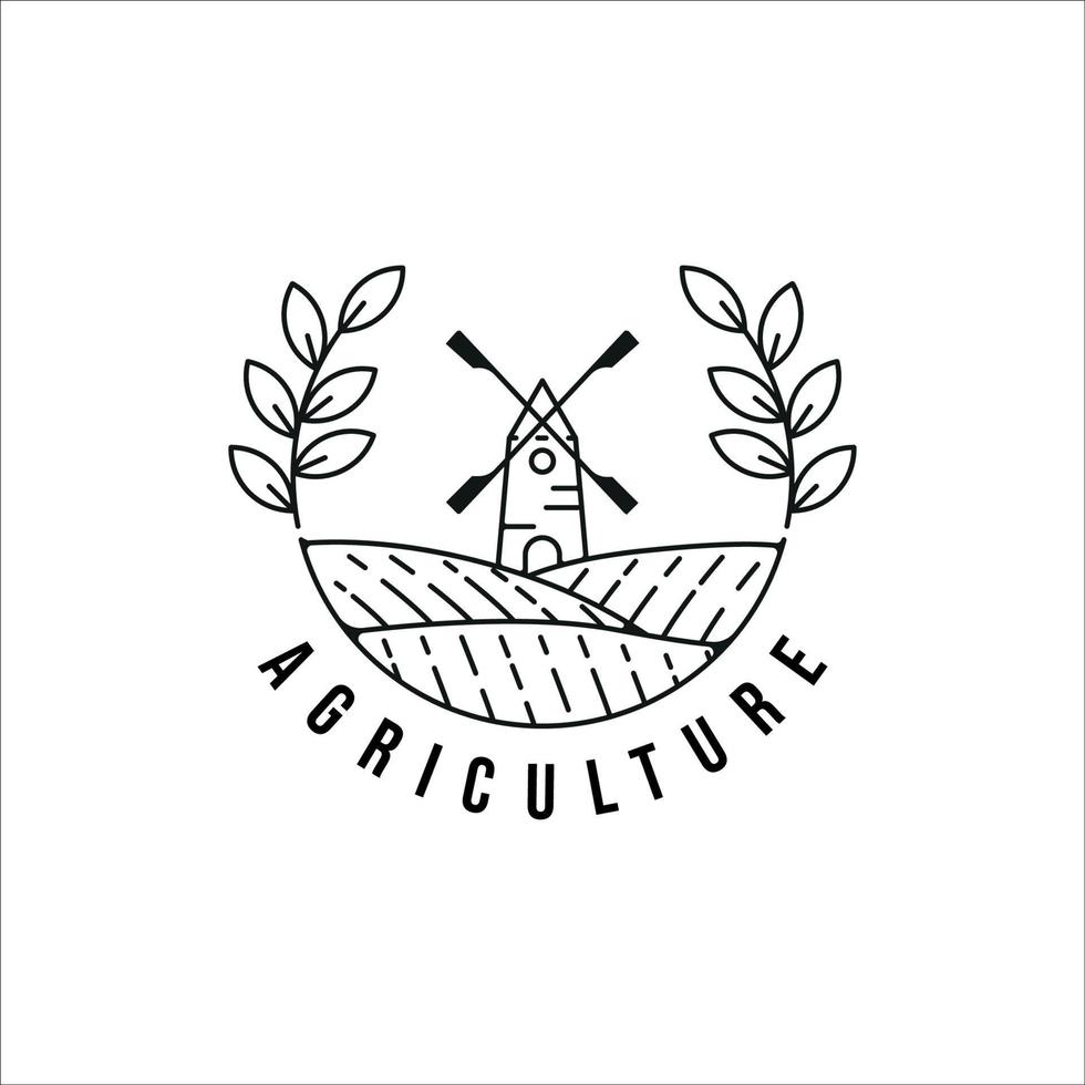 windmill farm logo line art vector illustration template icon graphic design. agriculture landscape typography