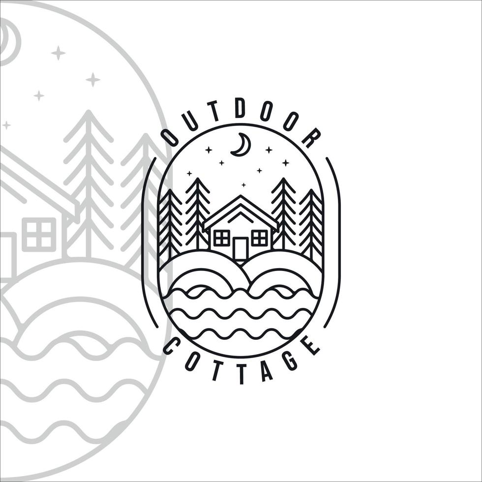 casa de campo o cabaña línea arte vector logo ilustración plantilla icono diseño gráfico. aventura al aire libre en el bosque en la noche concepto minimalista estilo de tipografía de insignia simple