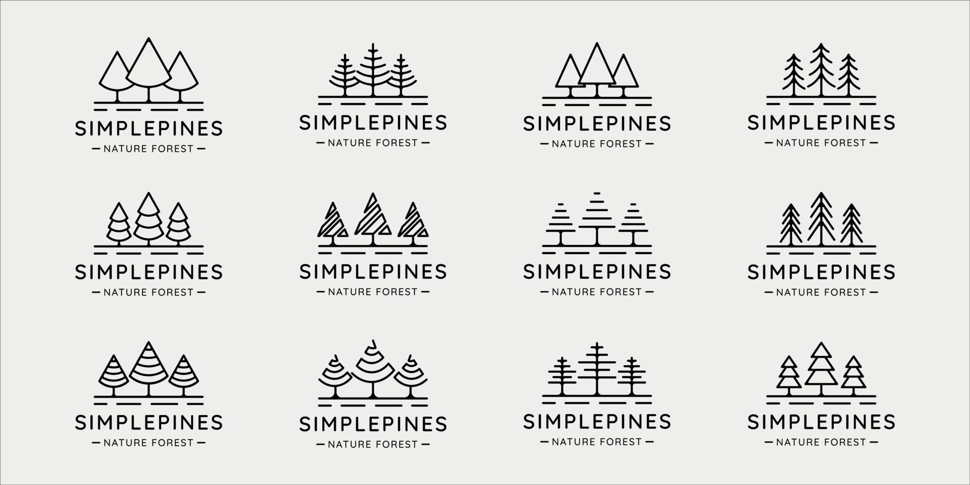 conjunto de pinos árbol logo línea arte simple vector ilustración plantilla icono diseño gráfico. colección de paquetes de varios símbolos de pino de forma minimalista de la naturaleza