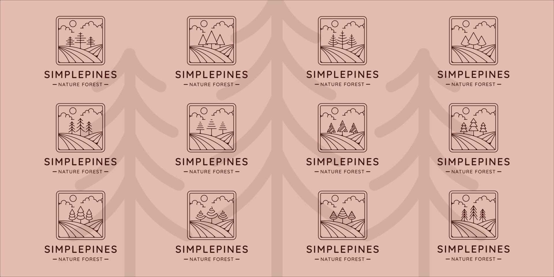 set of pines tree logo line art simple vector illustration template icon graphic design. bundle collection of various minimalist shape pine symbol of nature with badge and typography style