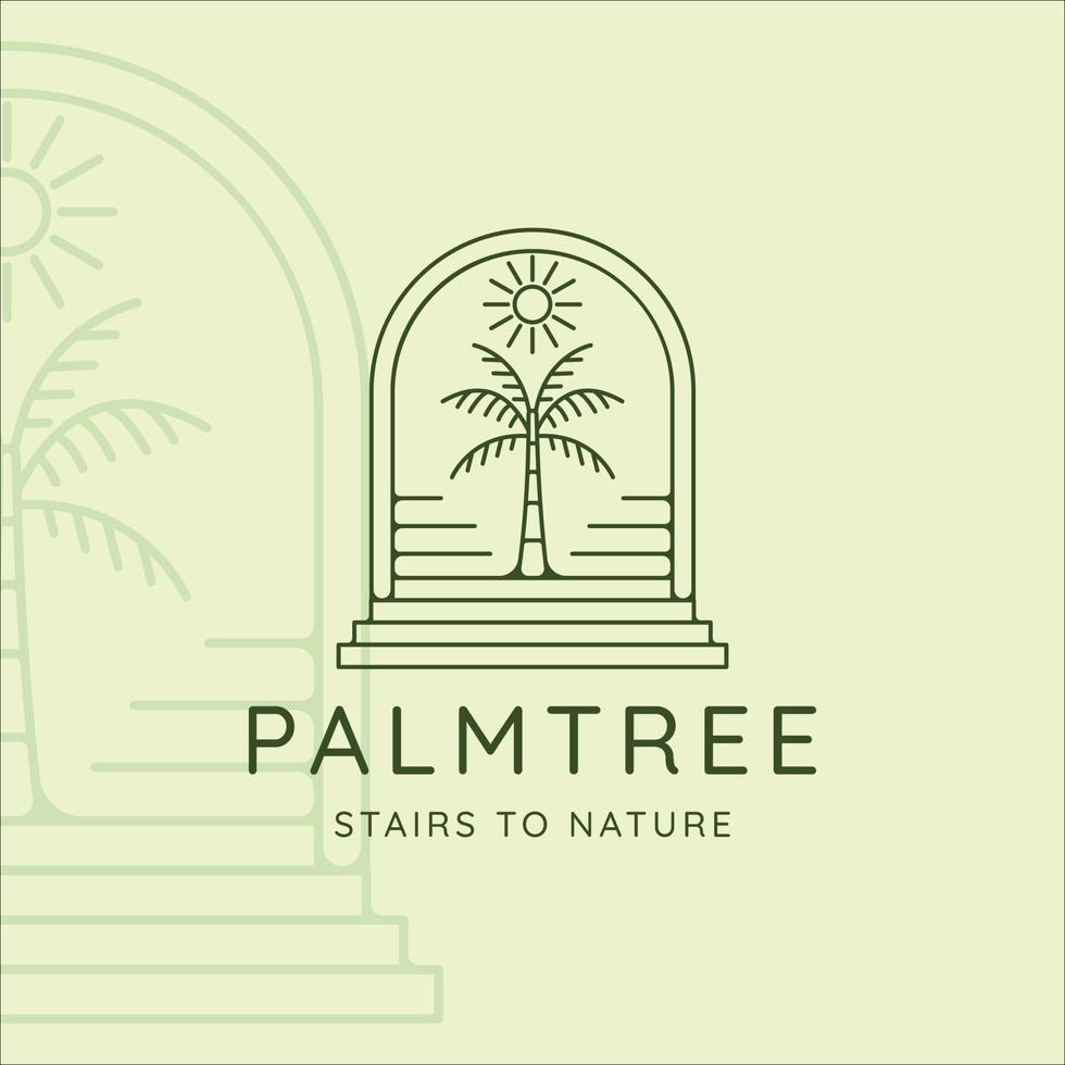 escaleras y palmeras logo línea arte simple minimalista vector ilustración plantilla icono diseño gráfico. puerta abstracta dentro de la naturaleza con rayos de sol en un lugar tropical