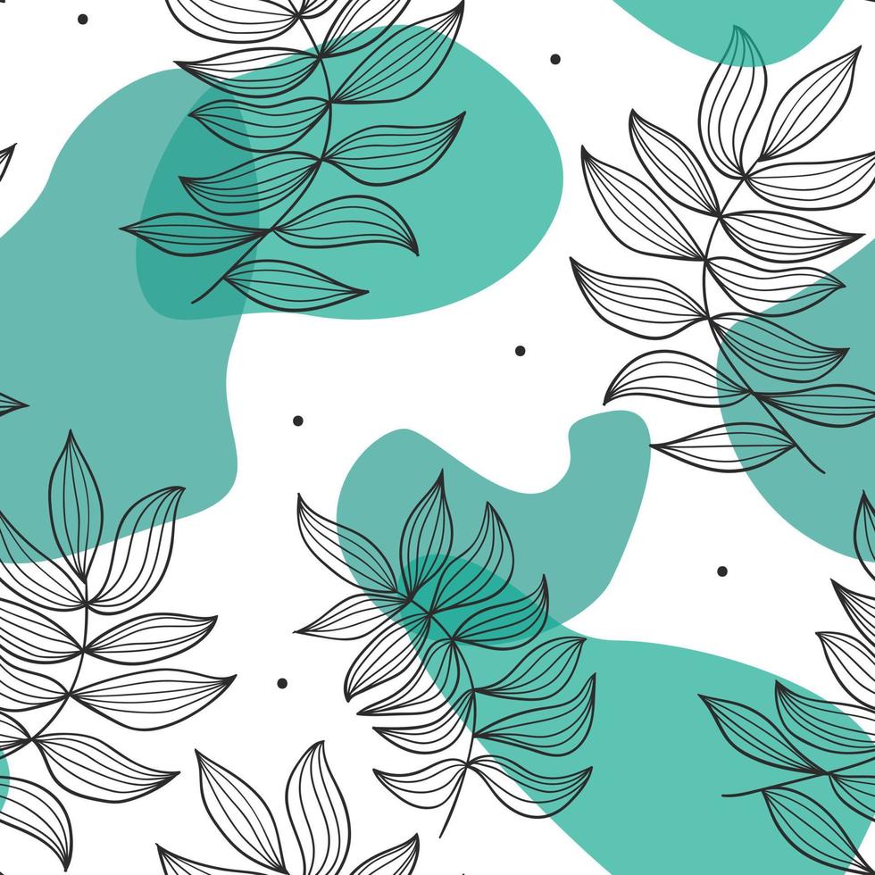 Floral seamless pattern with dots and spots. Black and white leaves with outlines with blue spots on the background. Elegat pattern for fasion designs, backgrounds, prints, wrapping paper and fabrics vector