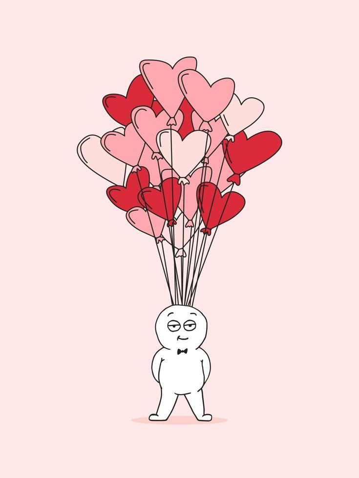 Hand Drawn Simple Man With Balloons in the Form of Hearts. The Concept of Valentine's Day. vector