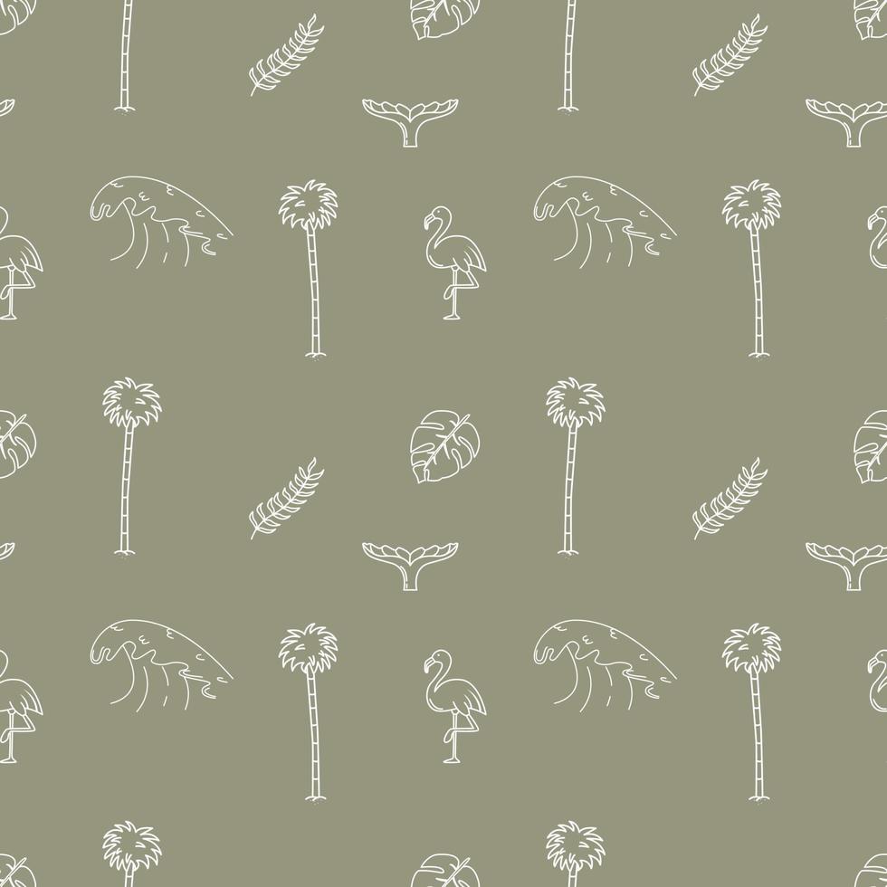 Hand Drawn Vector Seamless Pattern. Waves, Palm Trees, Leaves and Flamingos.