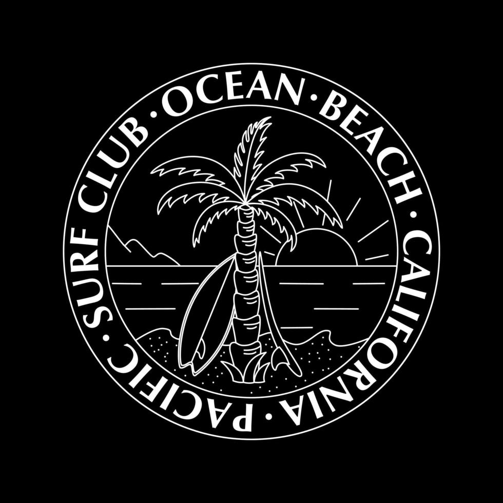 Hand Drawn Badge With a Palm Tree, Surfboards and the Ocean. vector