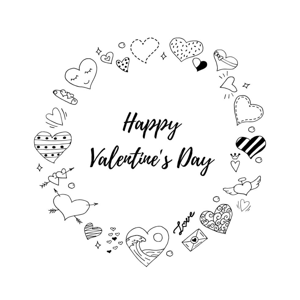 Hand Drawn Heart in the Shape of a Circle and the Inscription HAPPY VALENTINE'S DAY. Outline Vector Illustration.