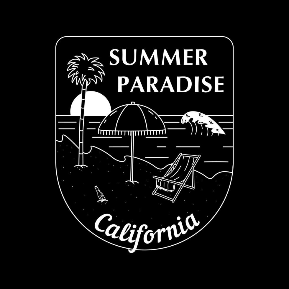 A Hand-Drawn Badge With Beach, Ocean and Chaise Longue. Surfing Concept, Inscription. vector
