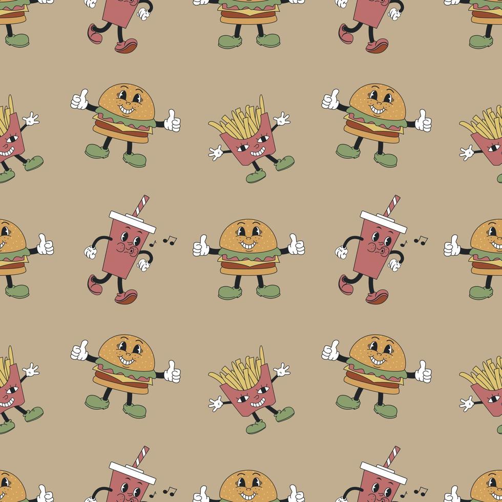 Seamless Pattern With French Fries, Burgers and Soda. Retro Mascot Characters vector