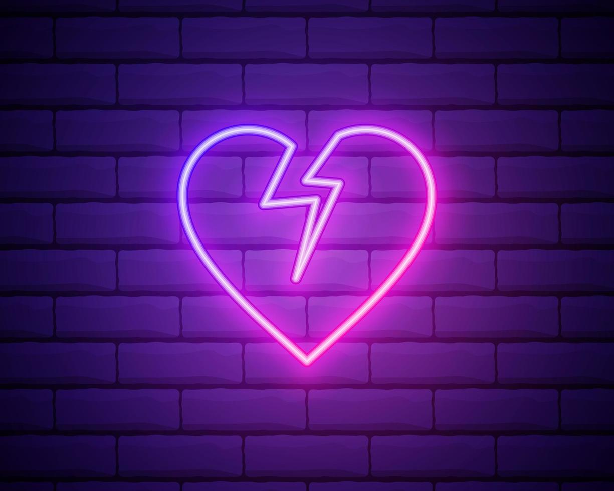 Broken heart neon light icon. Heartbreak glowing sign. Beak up. Vector illustration isolated on brick wall