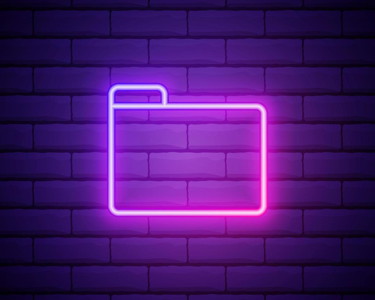 Folder with papers neon sign. Folder with documents glowing icon. Vector illustration for design. Office concept isolated on brick wall