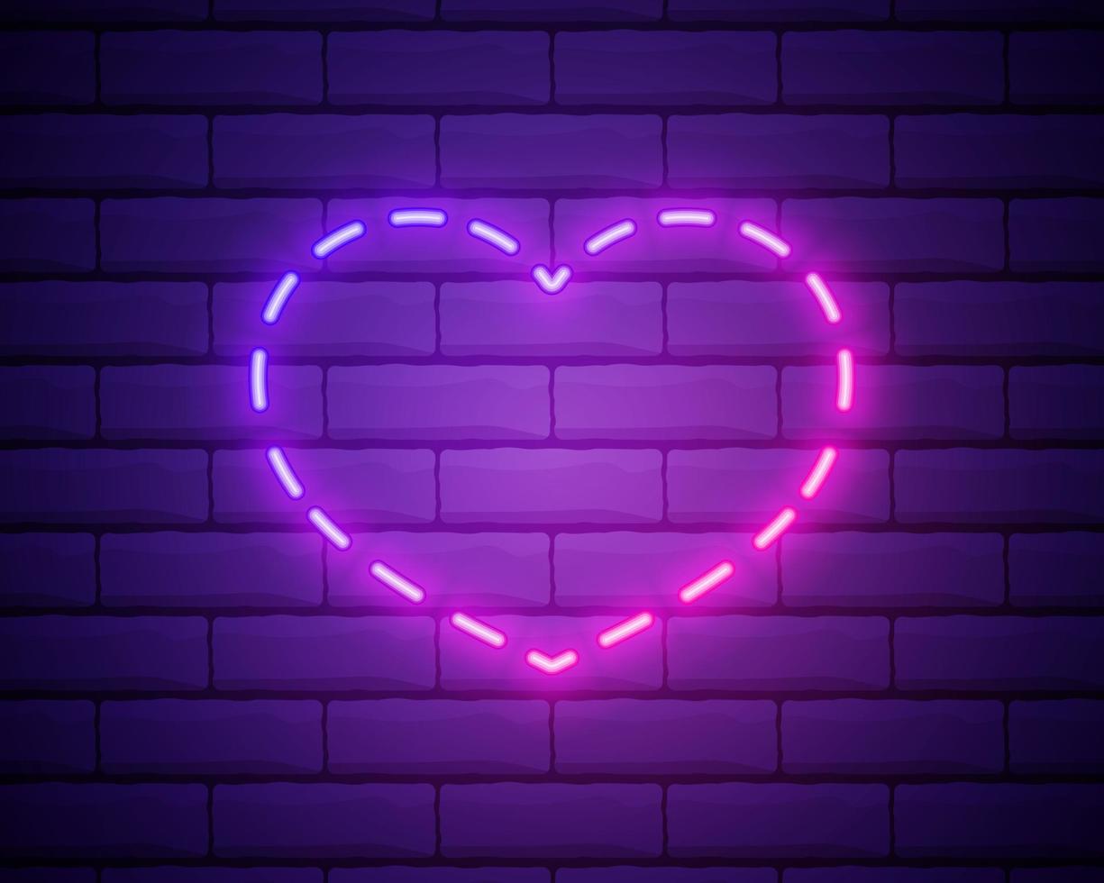 Neon heart. Bright night neon signboard on brick wall background with backlight. Retro pink neon heart sign. Design element for Happy Valentines Day. Night light advertising. Vector illustration.