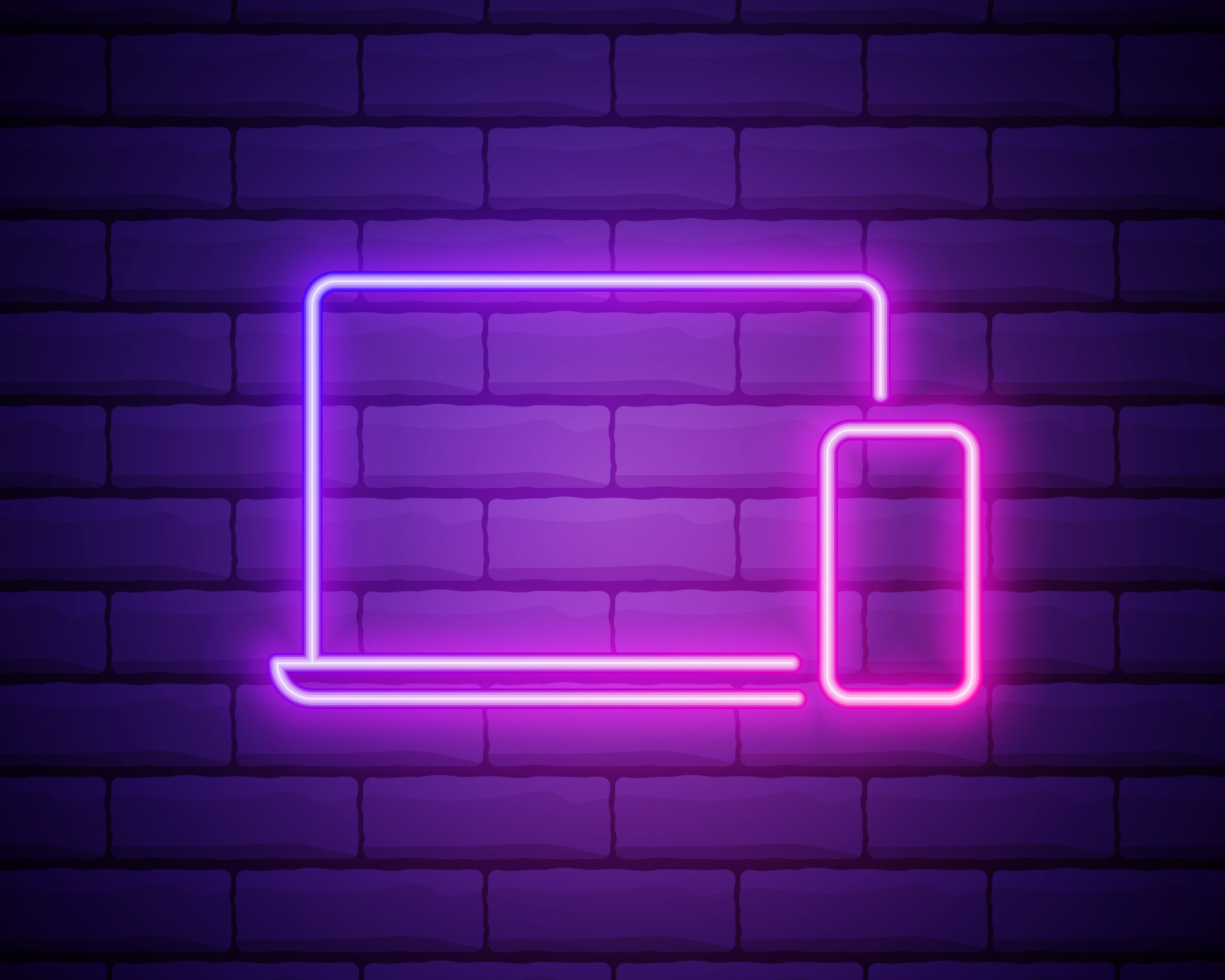 Neon light. Mobile devices sign icon. Notebook with smartphone symbol