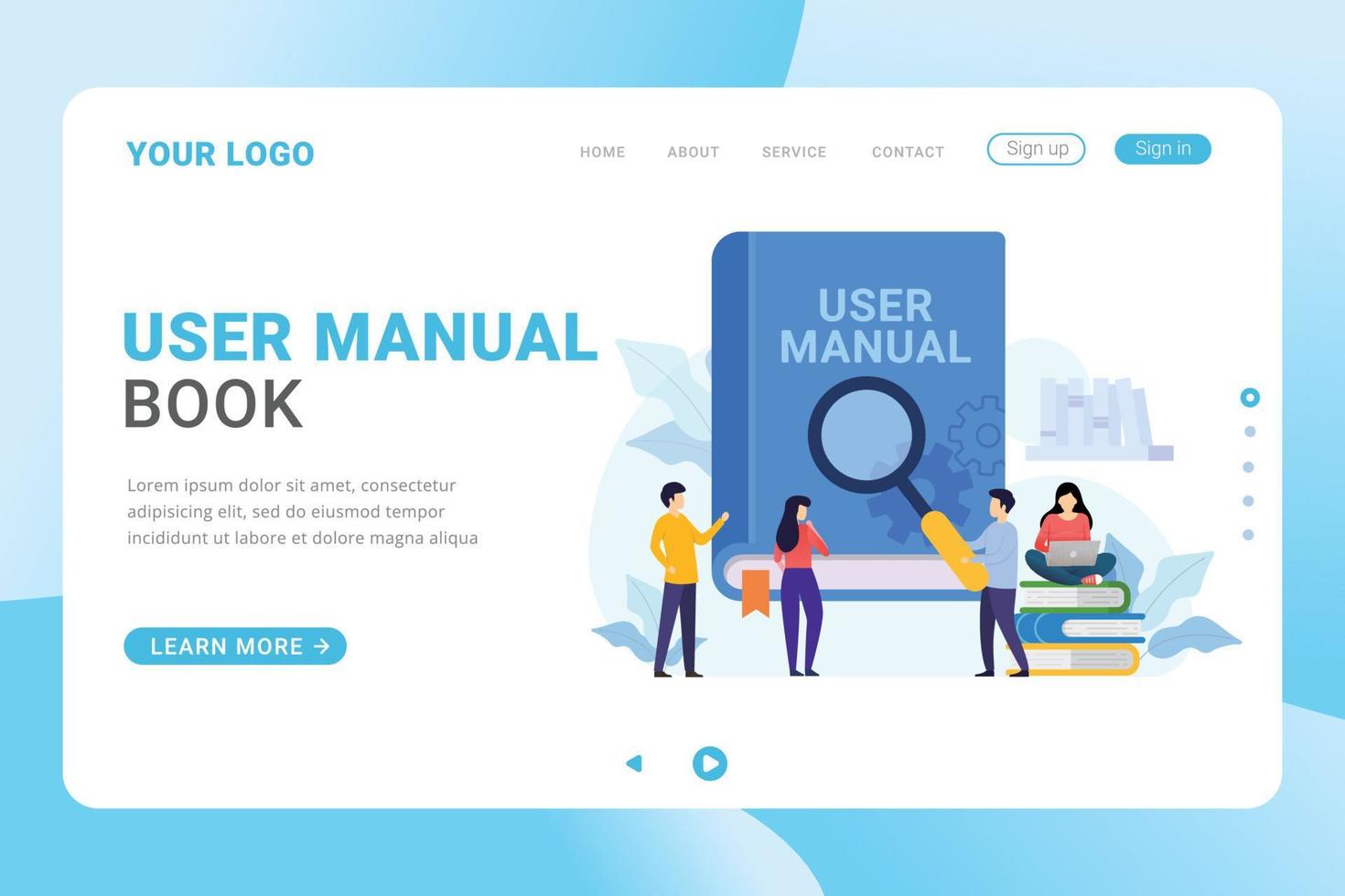 Landing page user manual book with tiny people design concept vector