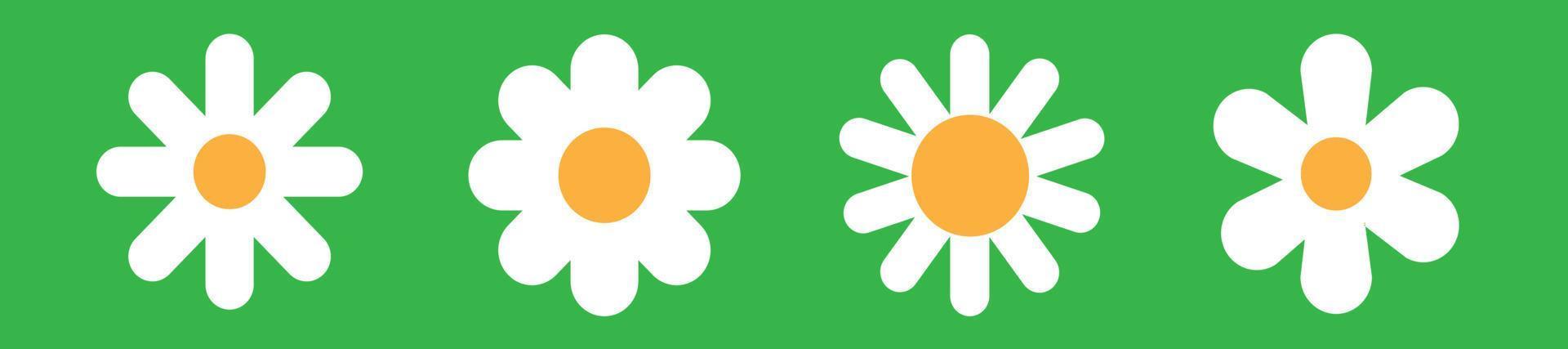 conjunto de iconos de flores blancas. icono de manzanilla de margarita. sumbol simple fluye sobre fondo verde. flor planta estilo plano vector