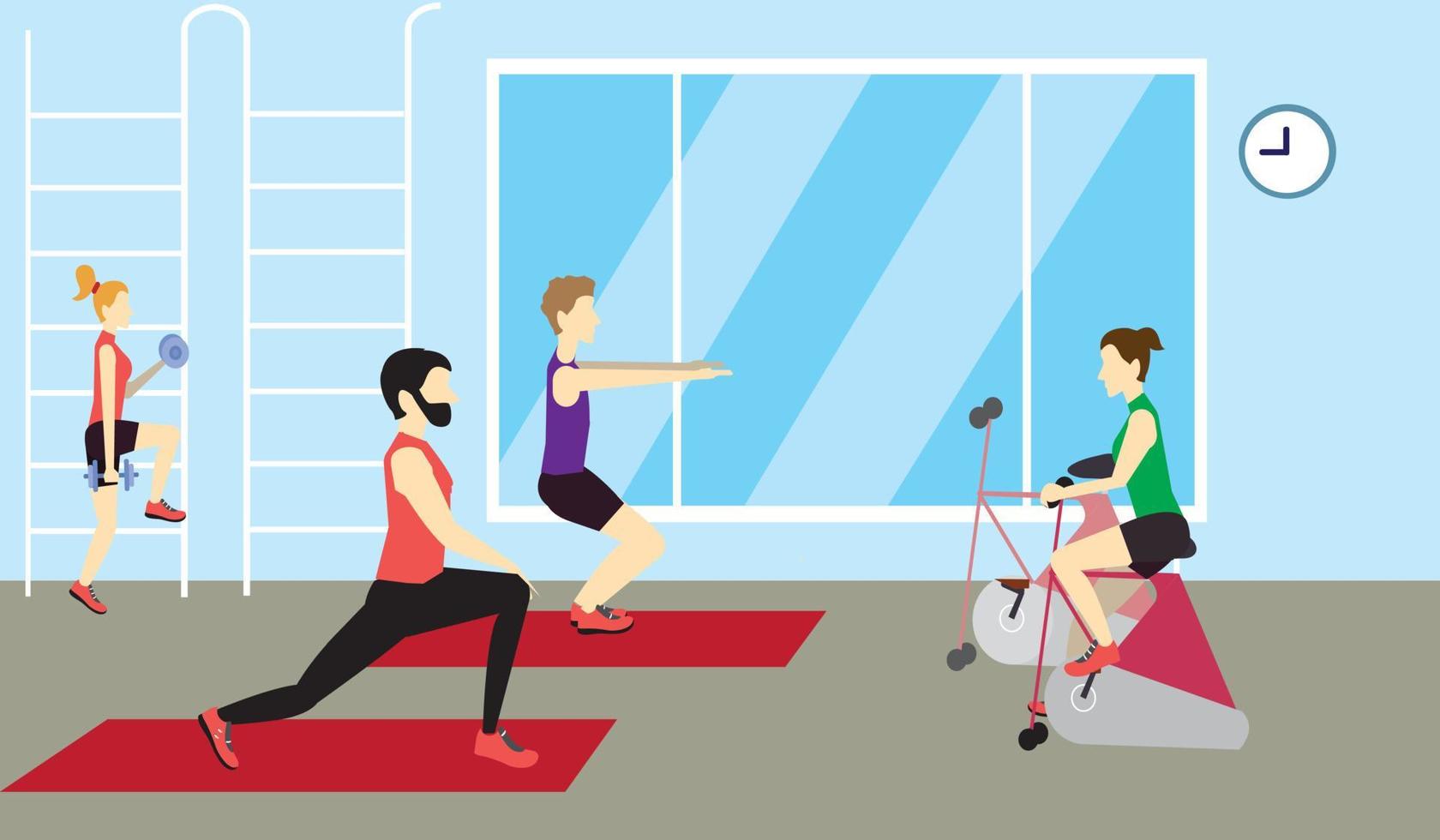 mix race people doing exercises men women working out together training in gym group classes workout healthy lifestyle concept modern health club studio interior horizontal banner vector illustration