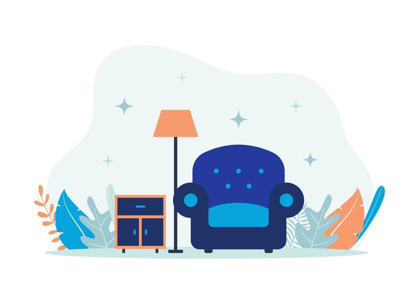 Furniture illustration concept. Sofa, lamp, table icon. Flat vector suitable for many purposes.