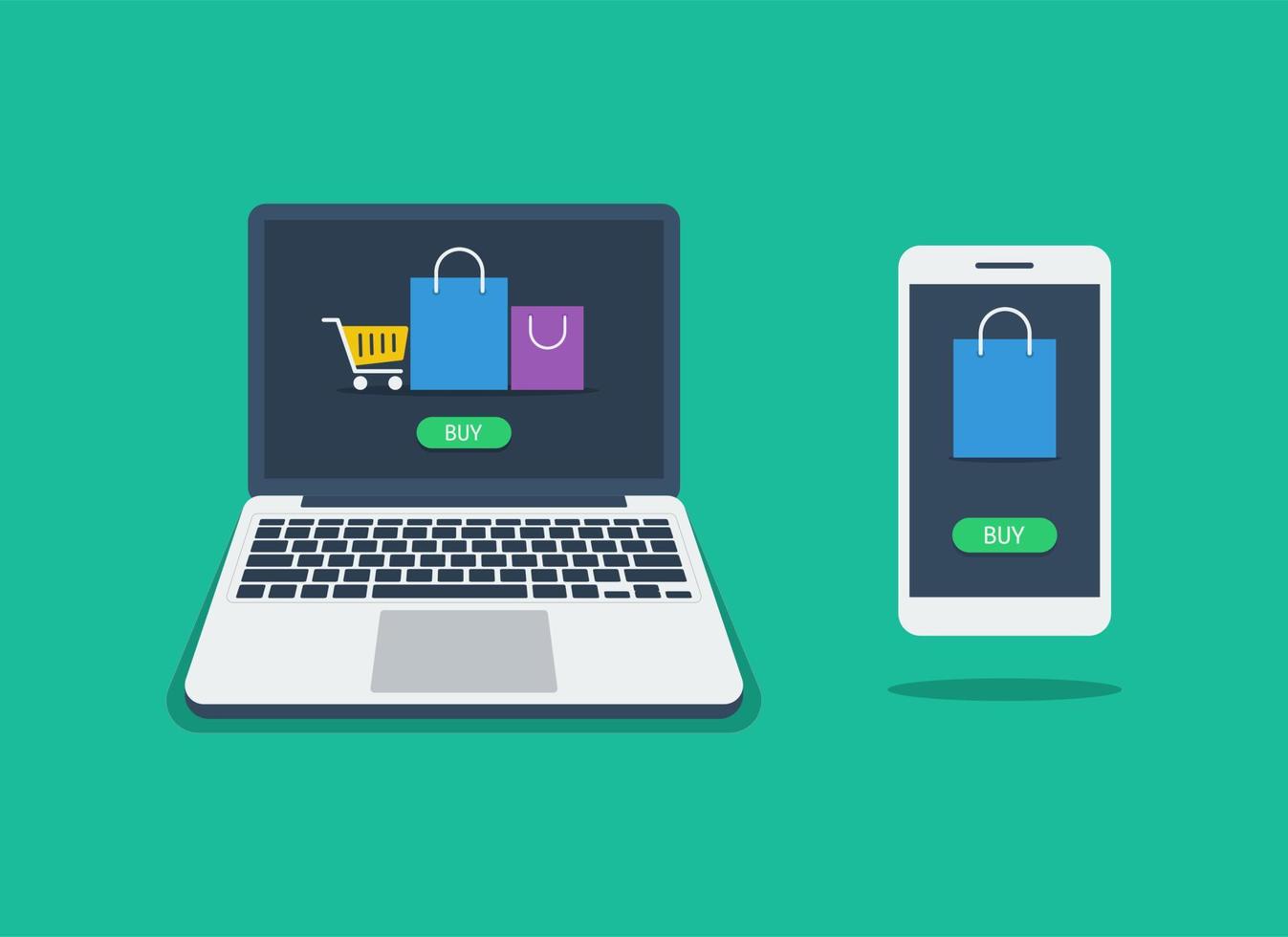 Ecommerce, online shop illustration concept. Laptop and smartphone with shopping bag icon. Flat vector suitable for many purposes.