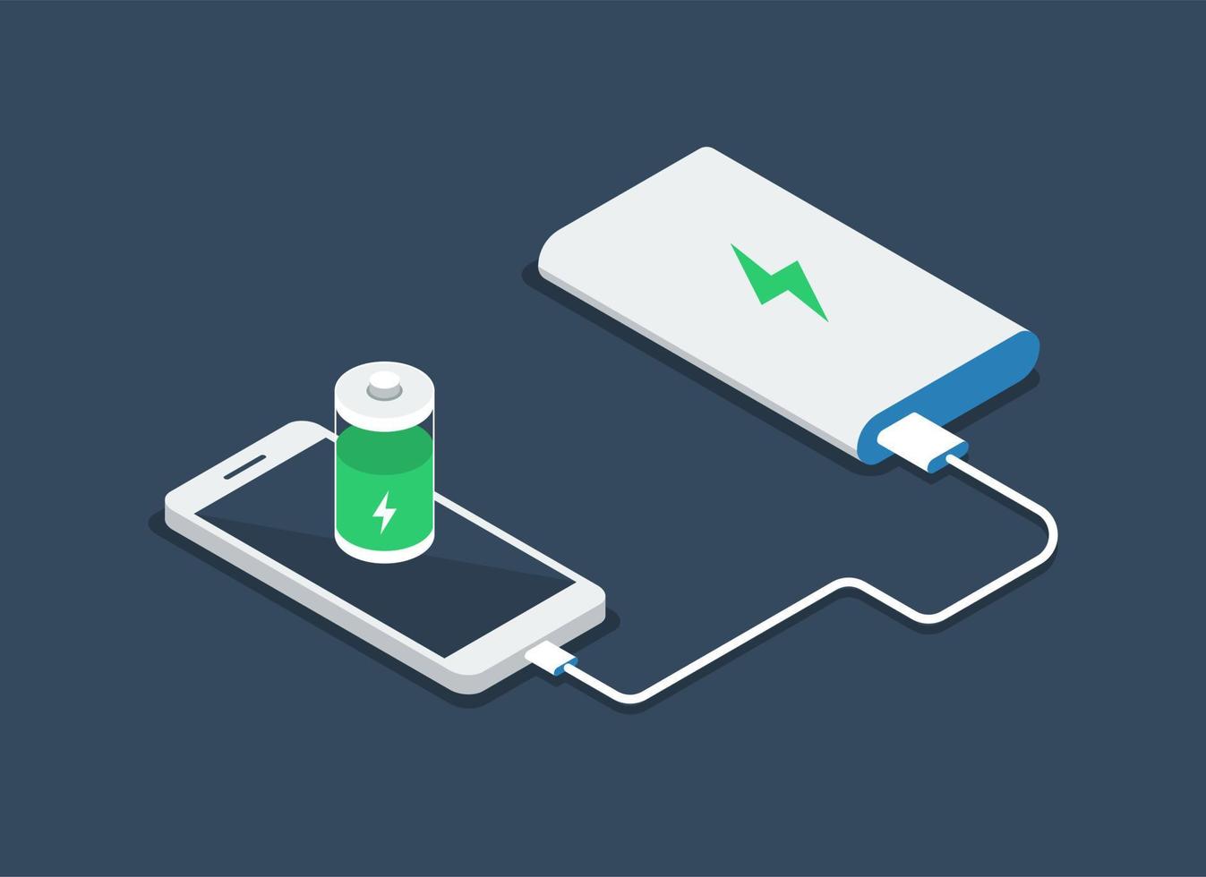 Phone charging, power bank. Smartphone, power bank, battery icon. Flat vector illustration suitable for many purposes.