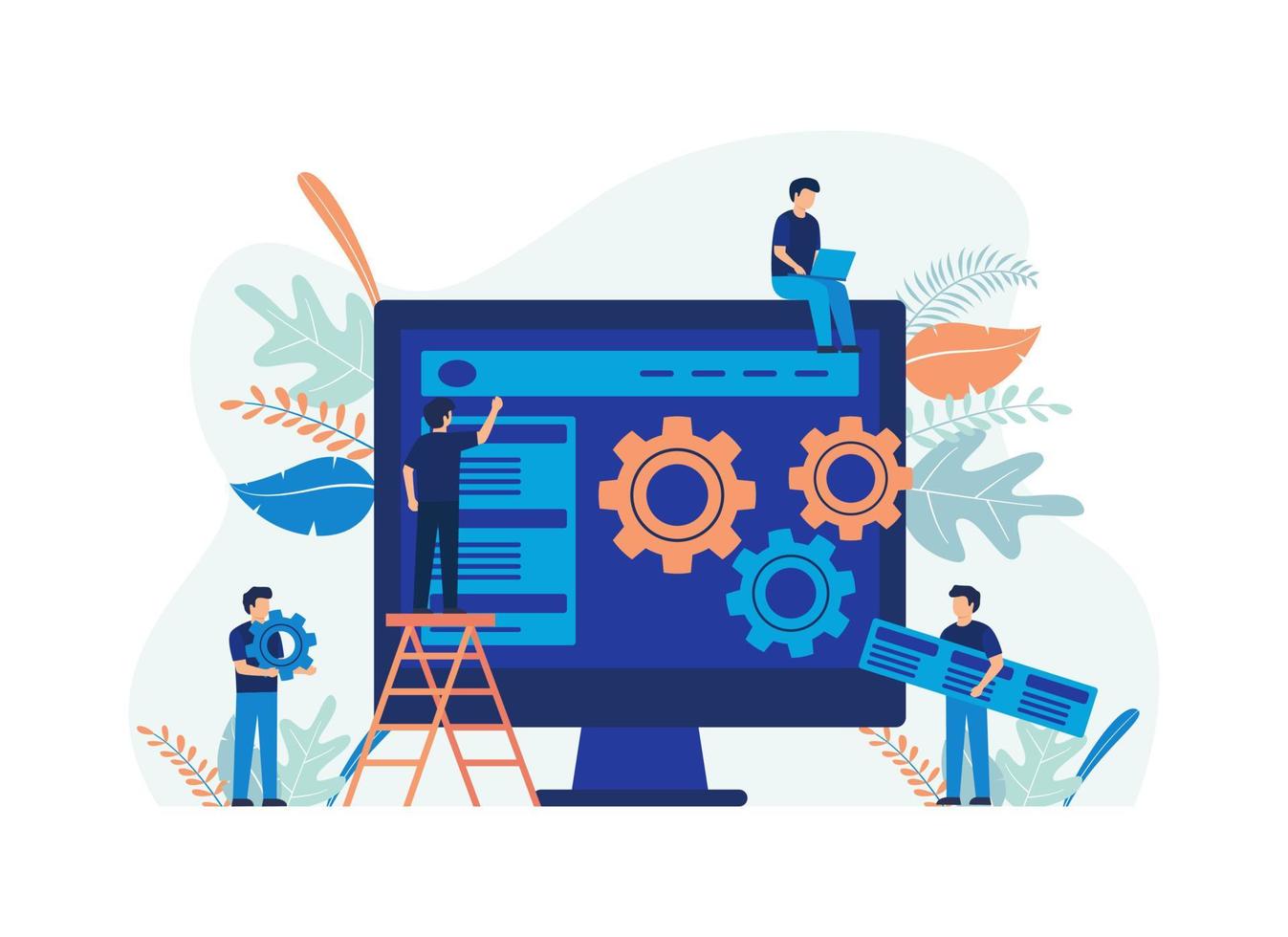 Illustration concept of Web Development, Web Design. monitor, computer, gear, people, website. Flat illustration vector suitable for many purposes.