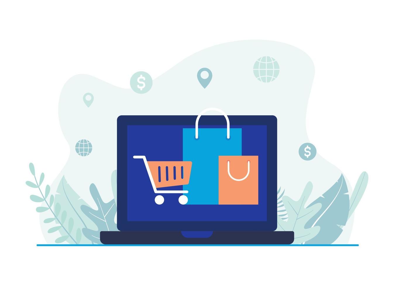E-commerce, online shopping, laptop with shopping bag on screen illustration vector. Flat design suitable for many purposes. vector