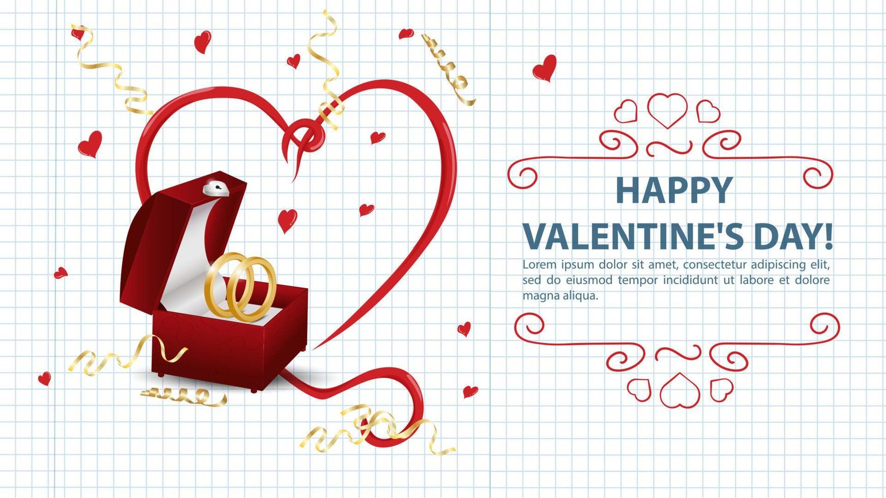 Illustration in a flat style for the Valentines Day holiday two photos and in the middle a heart with curls and a box with rings background a notebook sheet in a cage vector