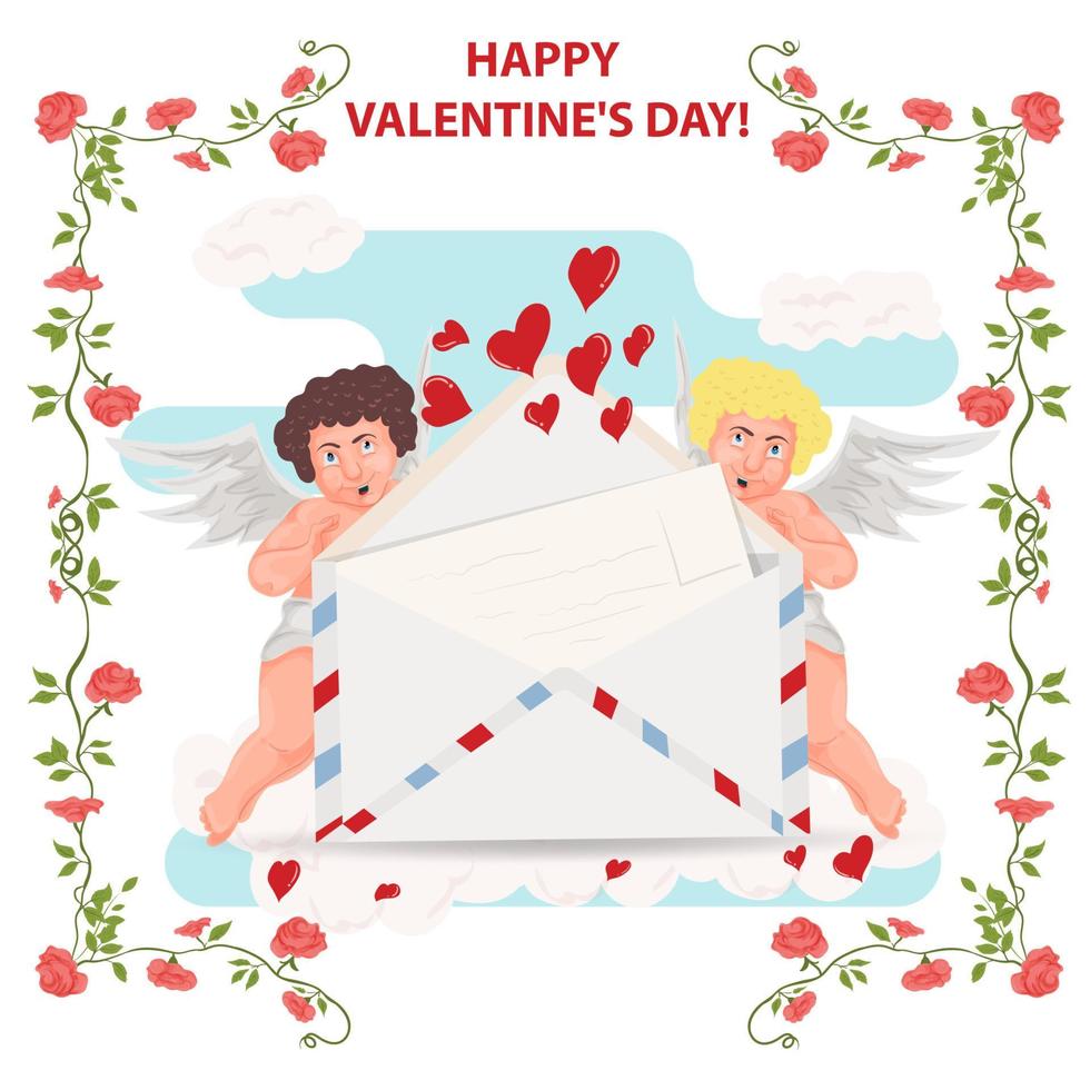 Illustration in a flat style for the Valentines Day holiday in a frame of flowers two cupids holding a postal envelope with a letter vector