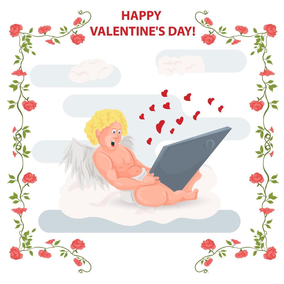 Illustration in a flat style for the Valentines Day holiday in a frame of flowers cupid with wings sits on a cloud and reads a message in a laptop vector