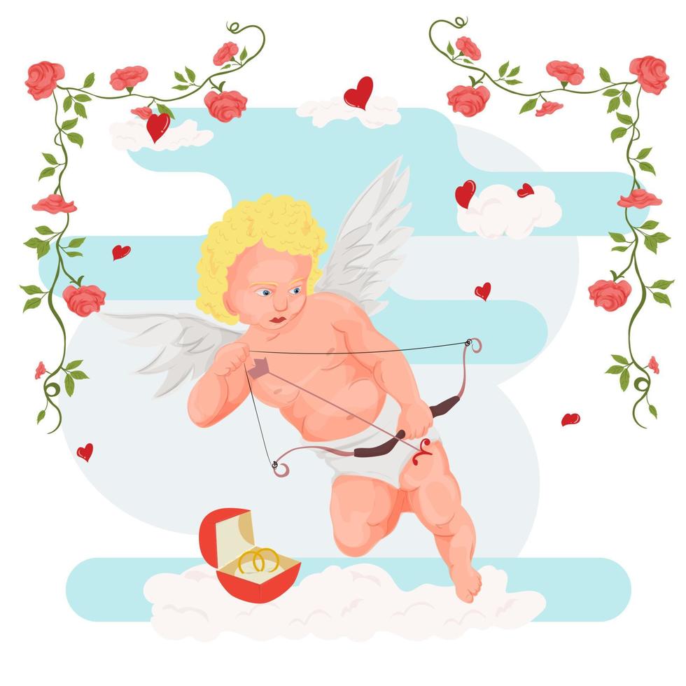 ilustración en un estilo plano para las vacaciones del día de san valentín en un marco de flores cupido entre las nubes apuntando un arco junto a una caja con anillos vector