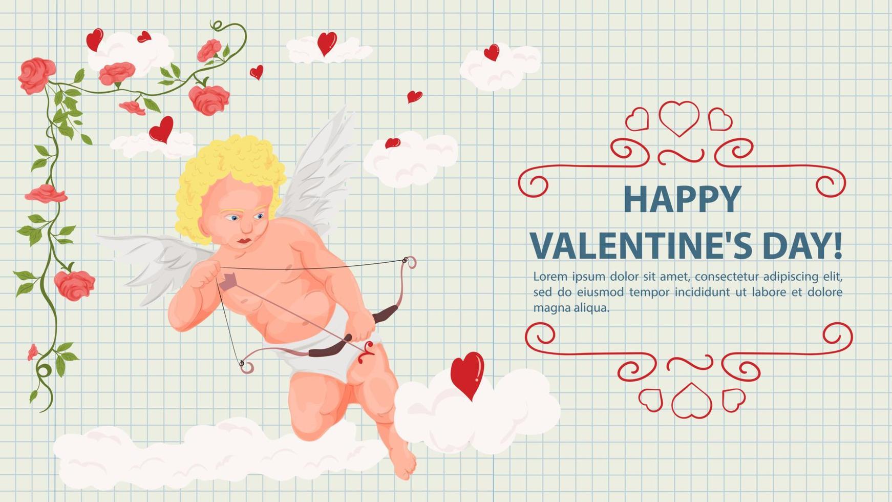 Illustration in a flat style for the Valentines Day holiday flower frame cupid on clouds aiming a bow background notebook sheet in a cage vector