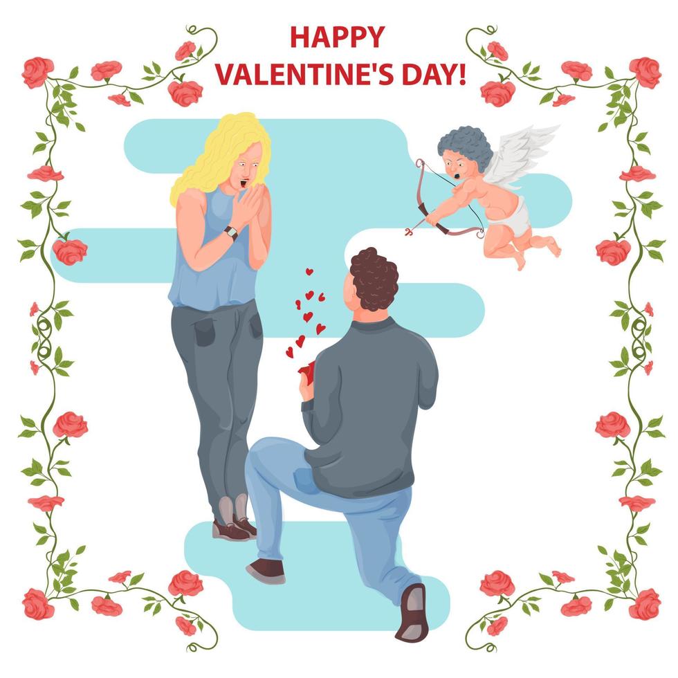 ilustración en un estilo plano para las vacaciones del día de san valentín en un marco un chico se arrodilla frente a una chica y le da un regalo cupido dispara una flecha vector